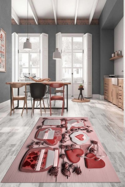 EY HOME 3D Kalp Fincan Motifli Kaymaz Taban Yıkanabilir Modern Yolluk Mutfak ...