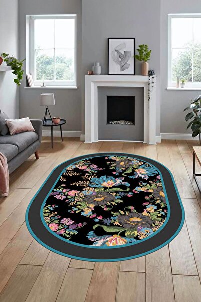 EY HOME Çiçek Desenli Dijital Kaymaz Taban Yıkanabilir Oval Yolluk Mutfak Salon Halısı