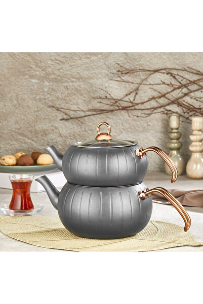 OMS MERIDIAN - 8218 - 4 Parça, (Üst; 1,6 Lt. - Alt; 3,0 Lt.) Bio Granit, Çaydanlık Seti L Boy, Antrasit