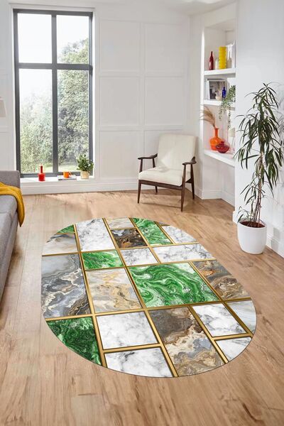 EY HOME Stylish Design Marble Patterned Digital Non-Slip Base Washable Oval H...