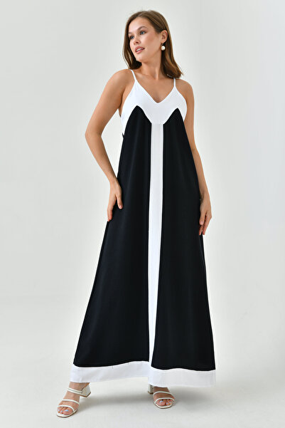 bayansepeti فستان صيفي متوسط الطول أبيض وأسود - 128 سم، أشرطة رفيعة، واسع 2949