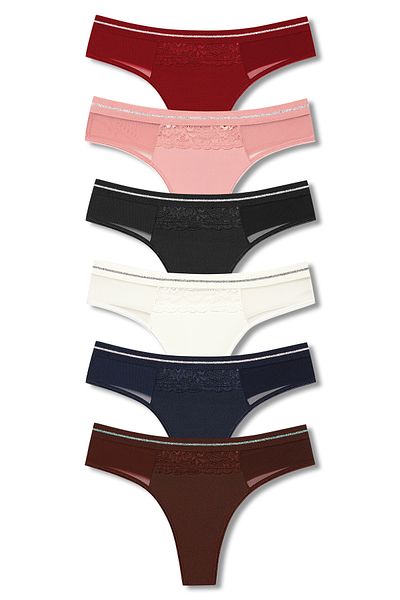 HNX 6-Piece Lace and Tulle Detailed Interlock Women's Thong Set