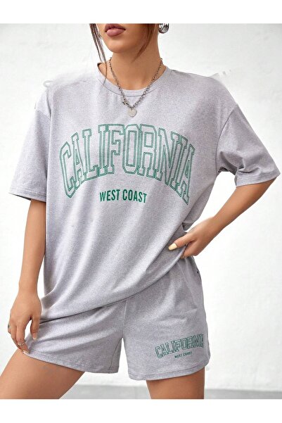 over head oh طقم شورت و تي شيرت رمادي بطبعات كاليفورنيا ويست كوست - نسائي