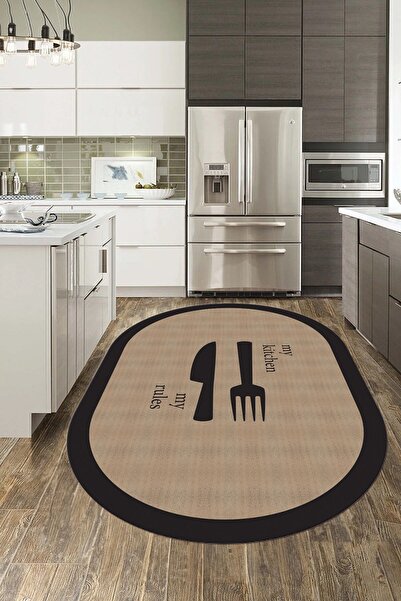 EY HOME Jüt Görünümlü Çatal Bıçak Desenli Yıkanabilir Oval Yolluk Mutfak Halısı