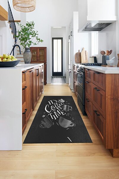 EY HOME Coffee Yazılı Renkli Fincan Desenli Yıkanabilir Kaymaz Mutfak Halısı,...