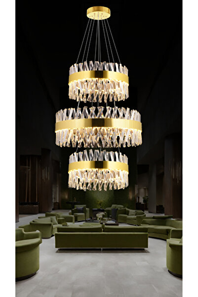 RONİSU AYDINLATMA Roxy 80'lik Katlı Taşlı Led Avize Kristal Taş Otel Lobi Villa Avize