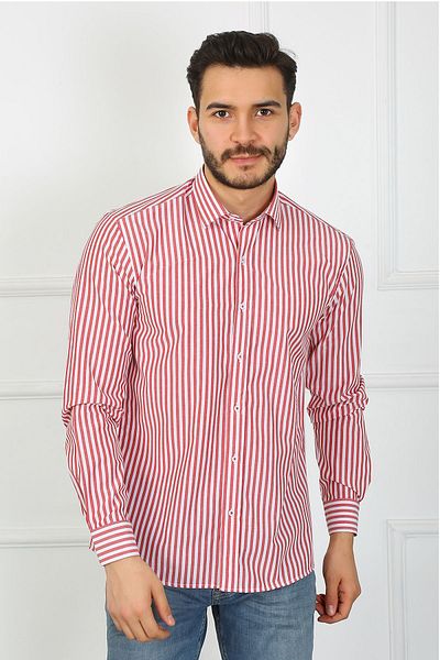 SAMSA Ανδρικό πουκάμισο από βαμβακερό ριγέ Slim Fit Easy-Iron
