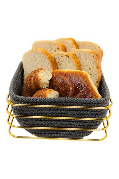 MiMW MimHome Gold - Stylish Wicker Knitted Square Corner Bread Basket, Stainless Metal, Multi-Purpose