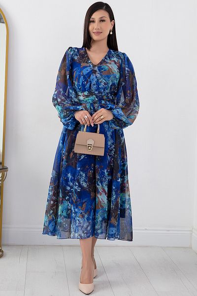 PULLIMM Rochie midi din șifon cu mânecă lungă și decolteu în V - GRS3410