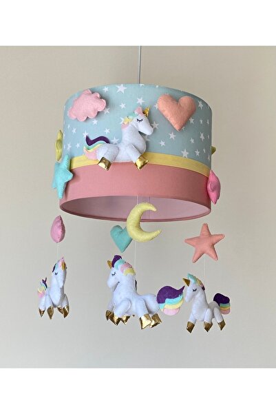 atölye ay ışığı Mint Yıldızlı Pudra Beyaz Unicorn Figürlü Kız Bebek Odası Özel Tasarım Avize