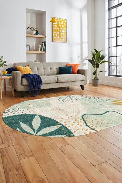 EY HOME Yaprak Desen Modern Tasarım Dijital Kaymaz Taban Yıkanabilir Oval Yol...