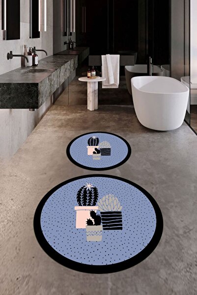 EY HOME Ψηφιακό πλενόμενο αντιολισθητικό σετ τουαλέτας με μοτίβο λουλουδιών κάκτου διπλό στρογγυλό χαλάκι μπάνιου