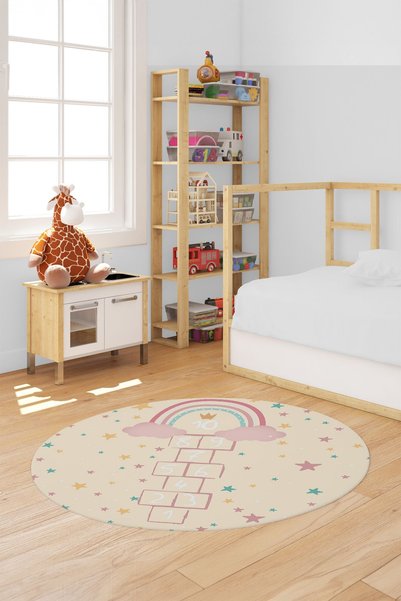 EY HOME Kaymaz Taban Yıkanabilir Yıldızlı Sek Sek Desen Yuvarlak Çocuk Odası ...