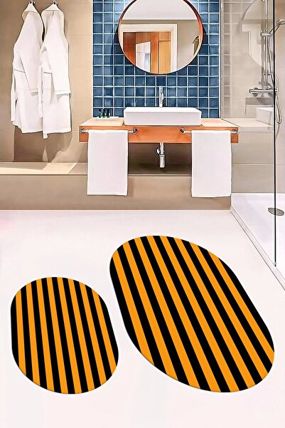 EY HOME Ψηφιακό πλενόμενο αντιολισθητικό ριγέ μοντέρνο διπλό χαλάκι μπάνιου οβάλ σετ τουαλέτας