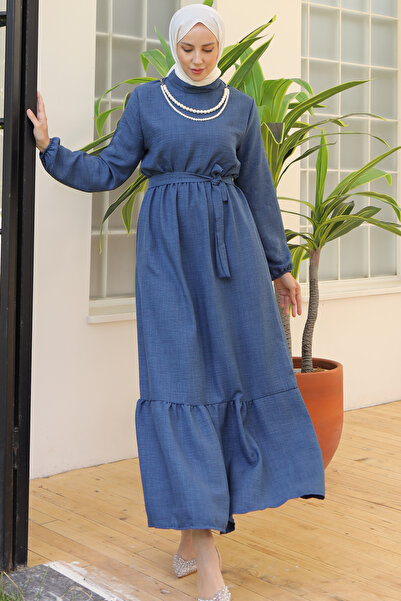 benguen 4034 Індіго лляне плаття - з перлинними деталями