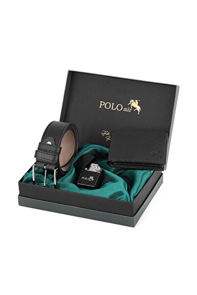 Polo Air Logolu Klasik Erkek Cüzdan Kemer Çakmak Seti Siyah Kombin  CM-17-S