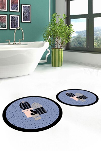 EY HOME Ψηφιακό πλενόμενο αντιολισθητικό σετ τουαλέτας με μοτίβο λουλουδιών κάκτου διπλό στρογγυλό χαλάκι μπάνιου