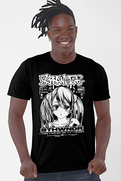 ROCKANDROLL Tricou negru cu mânecă scurtă cu model anime pentru bărbați