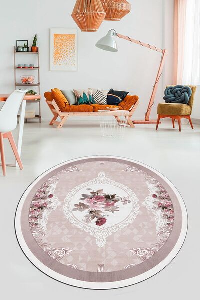 EY HOME Çiçekli Klasik Dijital Kaymaz Taban Yıkanabilir Yuvarlak Mutfak Salon...