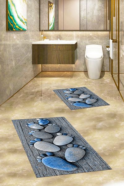 EY HOME Set de scaune de toaletă cu covoraș de baie dublu, lavabil digital 3D, KLZT-15-ALBASTRU,