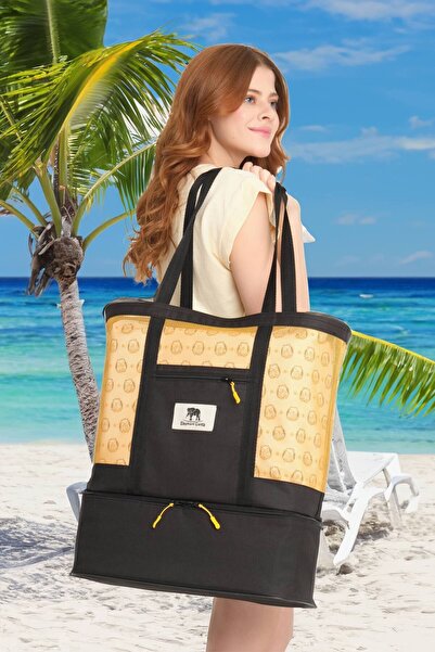 ELEPHANT ÇANTA Cepli File Plaj Çantası - Sarı Renk, Termos Çanta, Büyük Boy, Izolasyonlu Ve Çok Bölmeli, 51x43x17cm