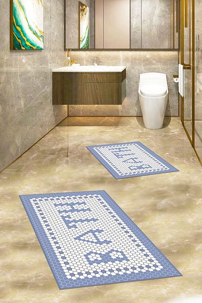 EY HOME Set de scaun de toaletă cu covoraș de baie dublu cu model mozaic imprimat digital, KLZT-7-ALBASTRU,