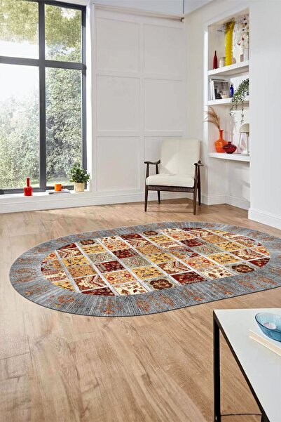 EY HOME Yeni Etnik Desen Kaymaz Taban Yıkanabilir Oval Yolluk Mutfak Salon Ko...
