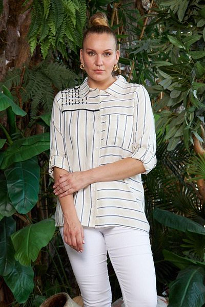RMG Shoulder Sequin Embroidered Asymmetrical Striped Plus Size Stone Shirt