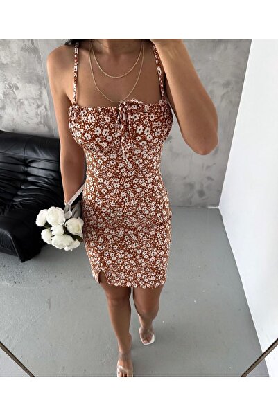 ALLEYTA Wrapped Fabric - Crispy Patterned and Slit Mini Strap Women's Dress