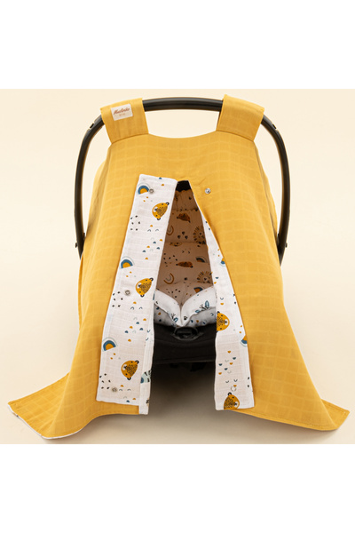 Yunikobaby Double Sided Muslin Stroller and Cushion - Mustard Muslin - Zoo
