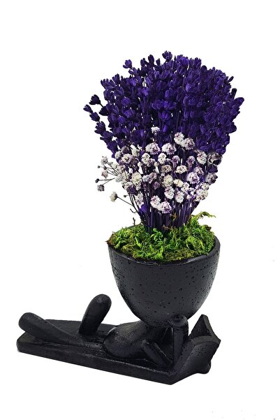 çiçekseli Kitap Okuyan Insan Beton Saksıda Mor Lavanta & Ev Dekorasyon Biblo Kuru Çiçek & 25 Cm