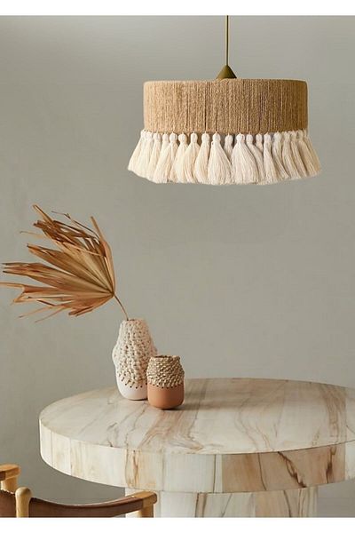 JUTUAL DEKOR Bohemian Rustic Chandelier - Wicker Jute Macrame with Tassels Jd100
