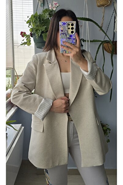 Ece Kahraman Kol Detaylı Astarlı Keten Blazer Ceket
