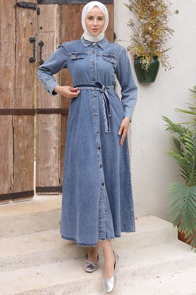 benguen 6804 Jeanskleid mit Taschen und Perlendetails Marineblau
