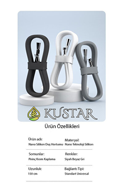KUSTAR Nano Silikon Patlamaz Yırtılmaz Ezilmez Duş Hortumu 150 cm Siyah Banyo Duş Hortumu