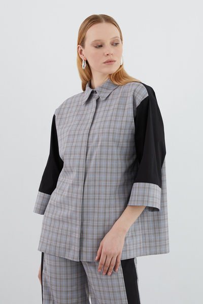 GİZİA Gömlek Yaka Detaylı Ceket Ve Palazzo Pantolonlu Ekose Desenli Mavi Takım