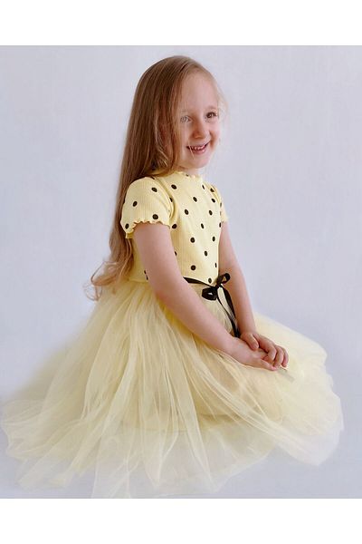 Şirin Şeyler Butiği Linda rochie tutu prințesă cu mânecă scurtă pentru fete, tutu cu buline galbene, lycra elastică, tul tutu