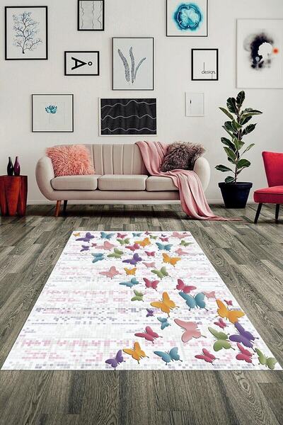 Kilimteks Dijital Baskılı Kaymaz Taban Yıkanabilir Kelebekli Salon Halısı Mutfak Halısı Ve Yolluk Kt-hs-184