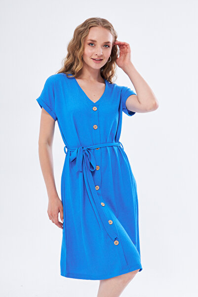 YÜKSEL IŞIK Синя коротка сукня з рукавами - Кольоровий дизайн на ґудзиках