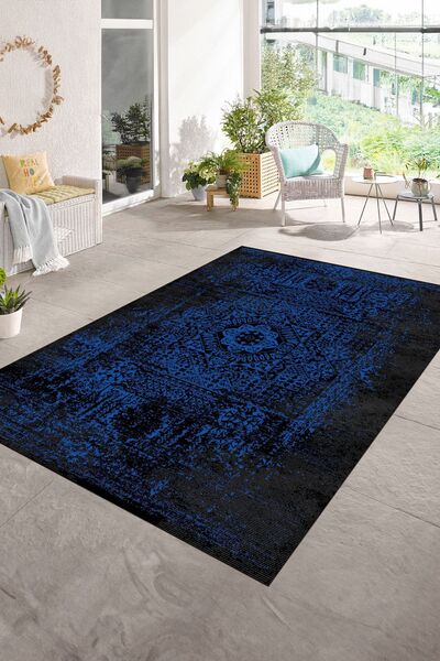 Kilimteks Dijital Baskılı Kaymaz Taban Yıkanabilir Klasik Yolluk Mutfak Salon Halısı, N-KLASİK-12-MAVİ,