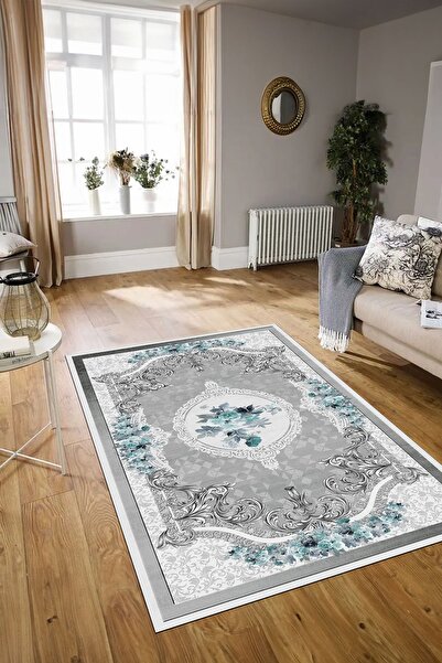 Kilimteks Dijital Baskılı Kaymaz Taban Yıkanabilir Klasik Yolluk Mutfak Salon Halısı, N-KLASİK-16-MAVİ,