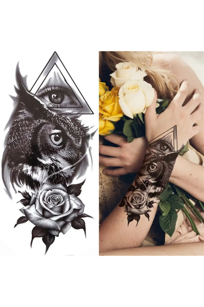 Tattoo Gerçekci Geçici Dövme Tattoo Baykuş Gül Dövme Etiket Kadın Erkek Kol B...