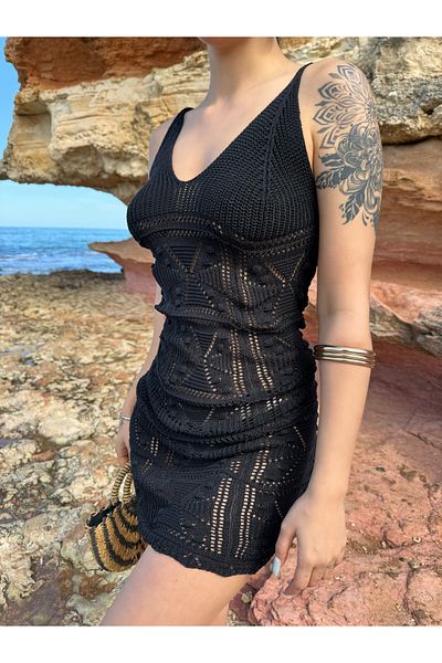 kenza'a Rochie mini tricotaj ajurata - dama, decolteu in V, detaliu cusatura la spate