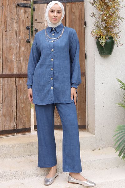 benguen 4015 Indigo Button Detailed Double Accessory Set