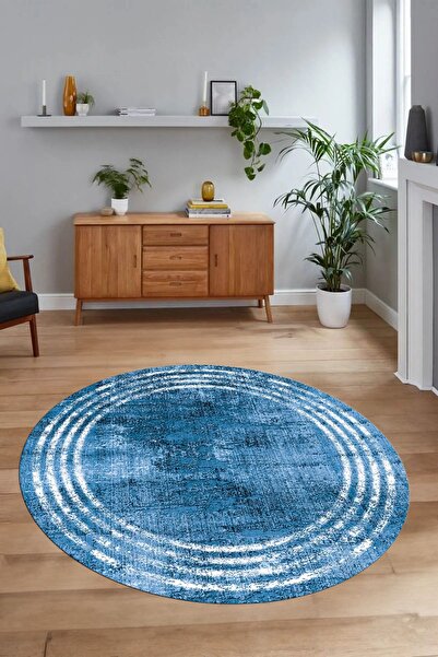 Kilimteks Dijital Kaymaz Yıkanabilir Çerçeveli Desen Yuvarlak Mutfak Salon Halısı, N-Y-ÇERÇEVELİ-32-mavi,