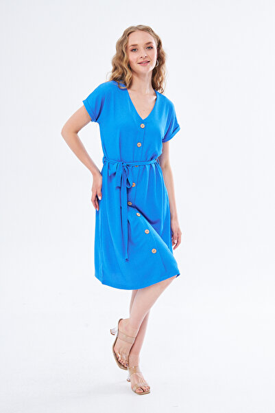 YÜKSEL IŞIK Синя коротка сукня з рукавами - Кольоровий дизайн на ґудзиках