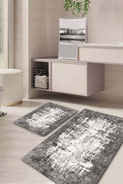 Kilimteks Modern Patterned Non-Slip Base Washable Set of 2 Bathroom Carpet Ma...