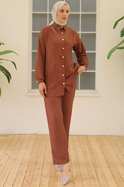 benguen 4015 Model Brown Double Set with Button Detail and Accessories