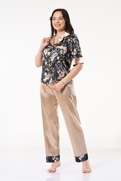 Miss Dünya Lissa Set pijama din satin cu guler de cămașă cu model - mânecă scurtă, cu nasturi în față