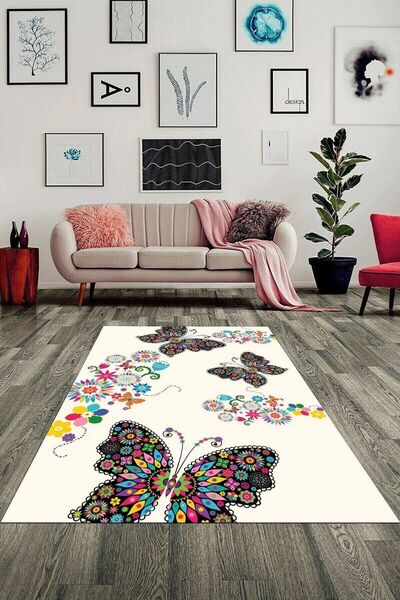 Kilimteks Dijital Baskılı Kaymaz Taban Yıkanabilir Kelebekli Salon Halısı Mutfak Halısı Ve Yolluk Kt-hs-514